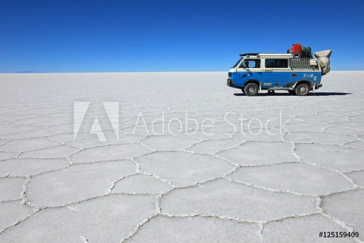 Picture of Van on Salar de Uyuni salt lake is largest salt flat in the world altiplano Bolivia South America